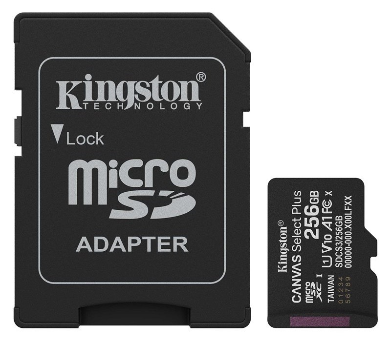 Pamäťová karta Kingston Canvas Select Plus MicroSDXC 256GB UHS-I U1 (R150)/W30 + adaptér čierna