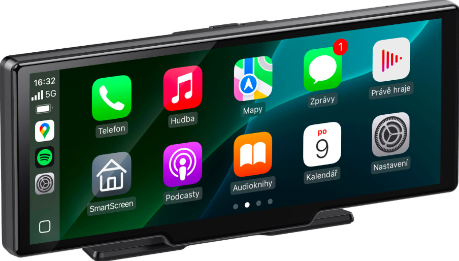 Detail displeja Sencor SCT M1090DBWT s rozhraním Apple CarPlay a Android Auto
