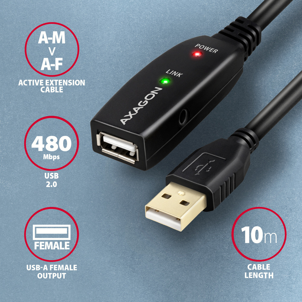 Kábel Axagon USB 2.0 A-M -> A-F aktívny predlžovací kábel, 10m čierna