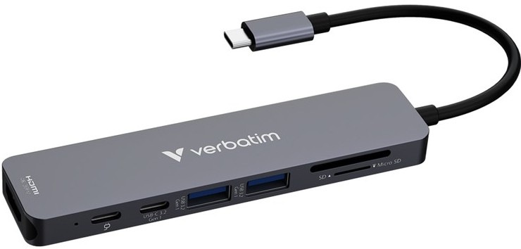USB Hub Verbatim USB-C Essentials Multiport Hub 7 port - 2x USB 3.2 GEN 1/HDMI/USB-C PD/USB-C 3.2 Gen 1 - šedý