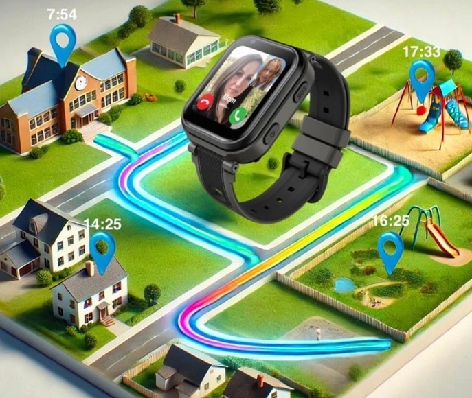 Inteligentné hodinky Carneo GuardKid+ 4G ULTRA 2nd gen. modré Ilustrácia mapy bydliska a trasy k domovu.