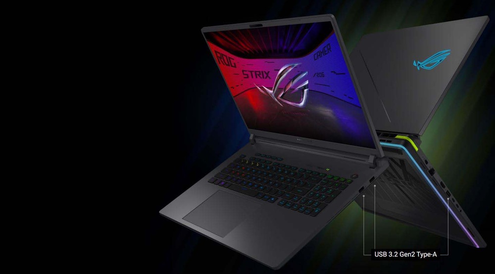 Elegantný herný notebook s podsvietenou klávesnicou a živým displejom s logom ROG. Kovový povrch jemne žiari vďaka RGB podsvieteniu.