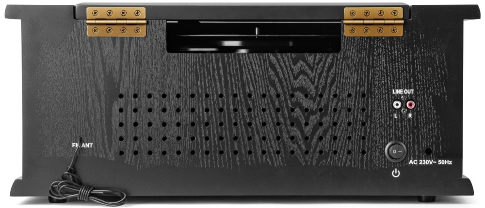 Detail zadného panelu retro veže Akai s výstupmi Line Out a FM anténou.