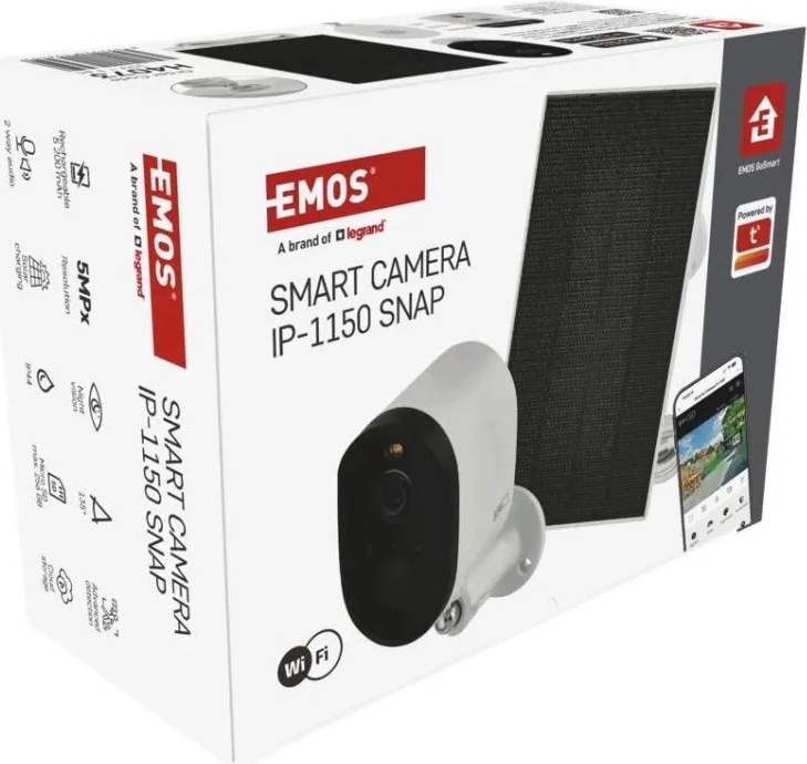 IP kamera EMOS GOSMART venkovní, Wi-Fi IP-1150 SNAP 5MPX biela Produktové balenie kamery EMOS Smart Camera IP-1150 SNAP. Na bielej krabici je vyobrazená kamera so solárnym panelom, logo EMOS, označenie 5MPx, Wi-Fi a ukážka mobilnej aplikácie.