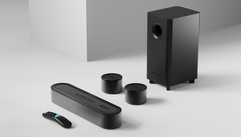 obrázok znázorňuje soundbar Majority Bowfell Halo 5.1 Atmos vrátane všetkého dodávaného vybavenia