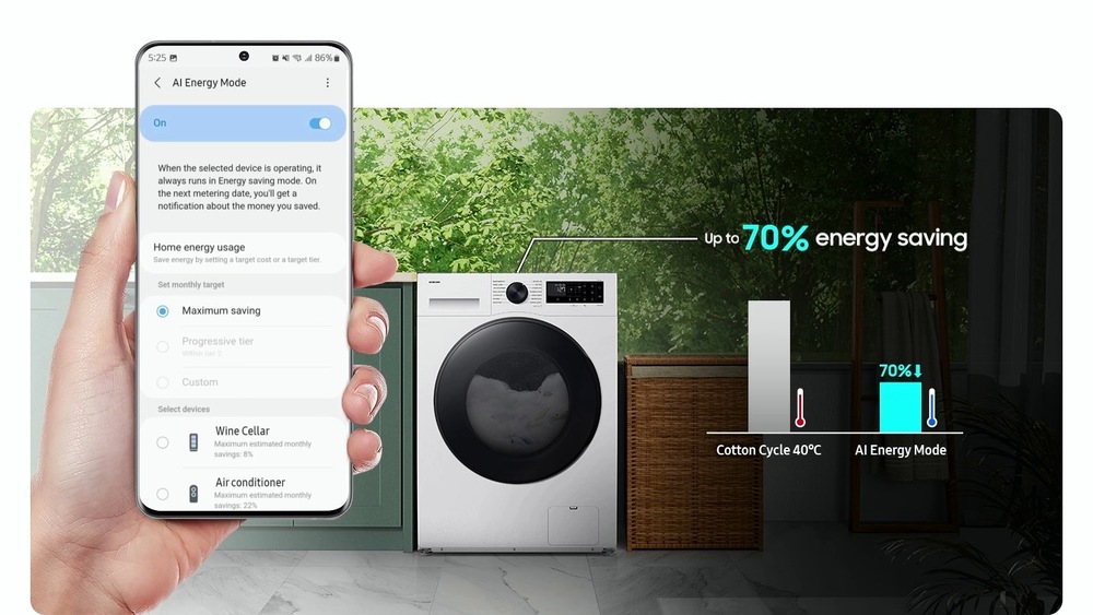 Práčka/sušička Samsung WD11DG5B15BELE - ilustračný obrázok bielizne v práčke - ilustračný obrázok mobilného telefónu s aplikáciou strážiacou spotrebu energie pomocou funkcie AI Energy