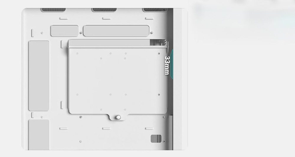 Case DeepCool CG580 biela Vnútorný pohľad na skriňu počítača s priestranným usporiadaním. Označený priestor označuje 33 mm voľného miesta na vedenie káblov. Čistý, minimalistický design.
