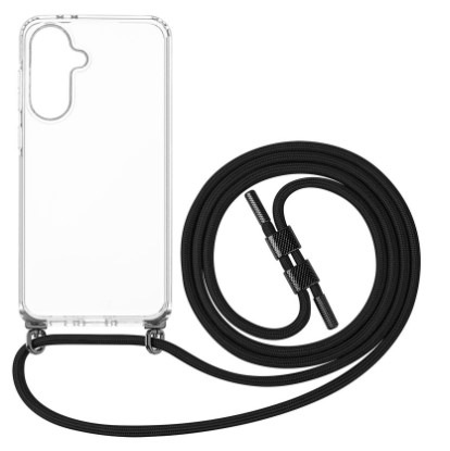 Kryt na mobil FIXED Pure Neck s čiernou šnúrkou na krk na Samsung Galaxy A36 5G priehľadný