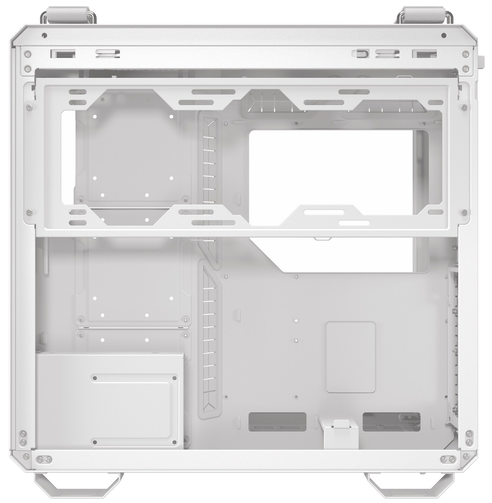 Case Asus TUF GAMING GT502 HORIZON biela Pri pohľade do skrine cez pravý bok (so zloženou bočnicou) je vidieť hlavne „servisnú“ komoru: vľavo je prepážka s veľkými priechodmi pre káble do hlavného priestoru a napravo perforované montážne plochy pre držiaky/úložiská a prípadne ventilátory či radiátor. Hore je priestor pre trojicu 120mm ventilátorov/radiátor (typicky 360 mm) a dole je otvorený tunel/časť pre zdroj a vedenie kabeláže, aby všetko zostalo schované a interiér pôsobil čisto.