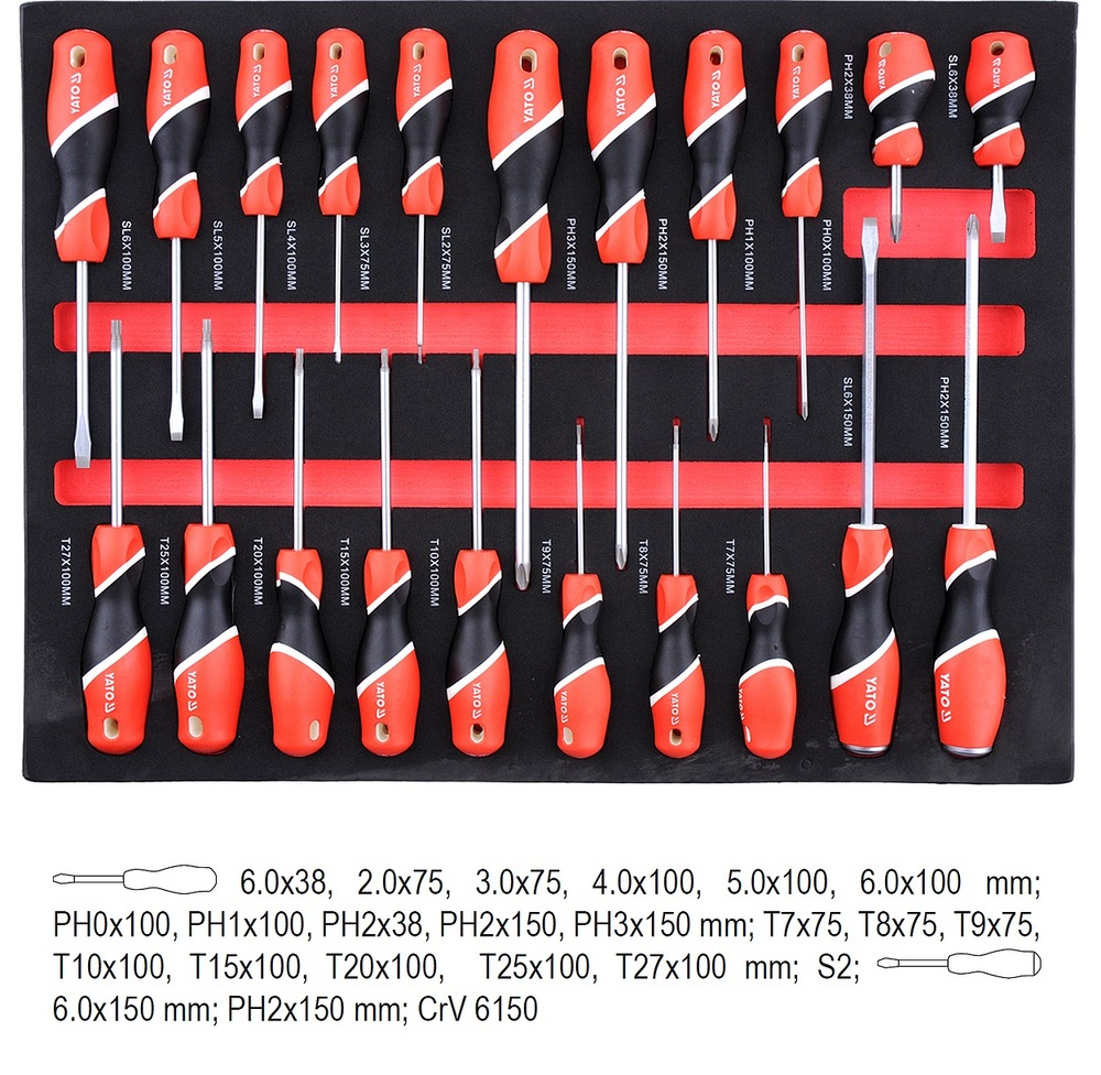 dielenský vozík YATO s náradím YT-55290 (211 ks) Detail sád kľúčov a bitov v organizéroch.