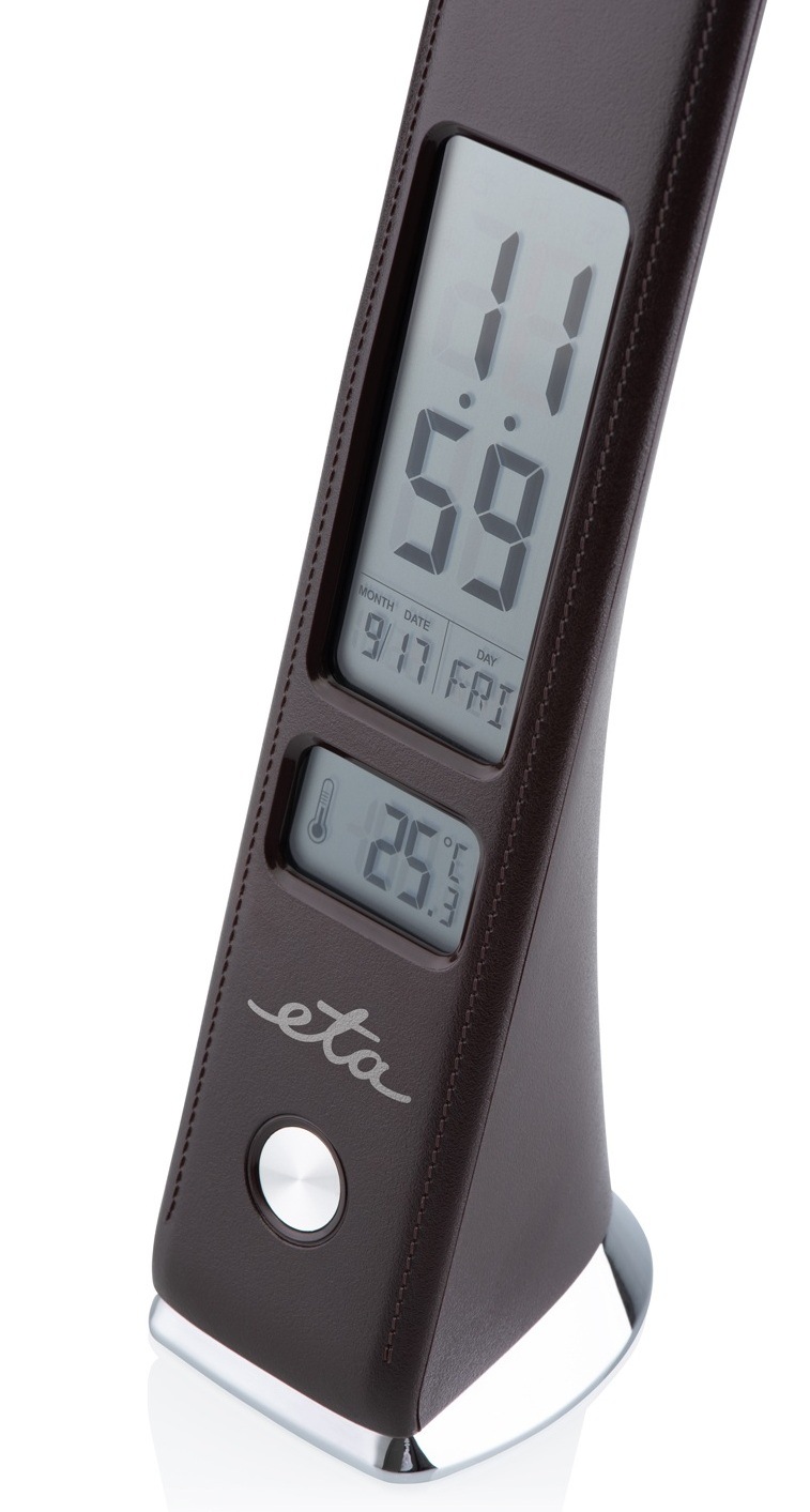 Detailný pohľad na LCD displej LED lampy ETA 089390000 zobrazujúci čas 11:59 a teplotu 25.3 °C