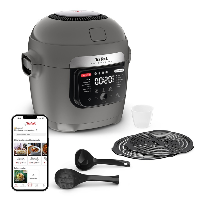 Multifunkčný hrniec Tefal MY731BF0 Multicook & Fry sivý Multifunkčný hrniec Tefal MY731BF0 s digitálnym displejom a príslušenstvom vrátane roštu odmerky a lyžíc spolu s mobilnou aplikáciou s receptami.