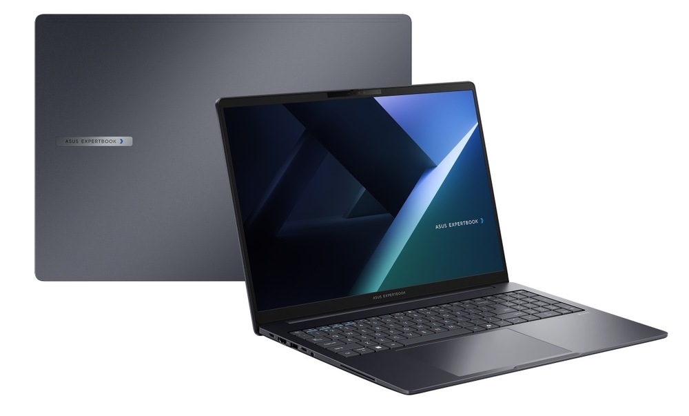 Notebook Asus ExpertBook B5 sivý Dva notebooky Asus ExpertBook B5 zatvorený a otvorený zapnutý