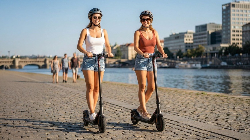 Elektrická kolobežka Sencor SCOOTER S21 čierna "Dve ženy idú na elektrických kolobežkách Sencor SCOOTER S21 po dláždenej náplavke pozdĺž rieky. Obe majú nasadené helmy a slnečné okuliare a pôsobia uvoľnene pri spoločnej jazde mestom. V pozadí sa prechádzajú ľudia a sú vidieť most aj mestská zástavba."