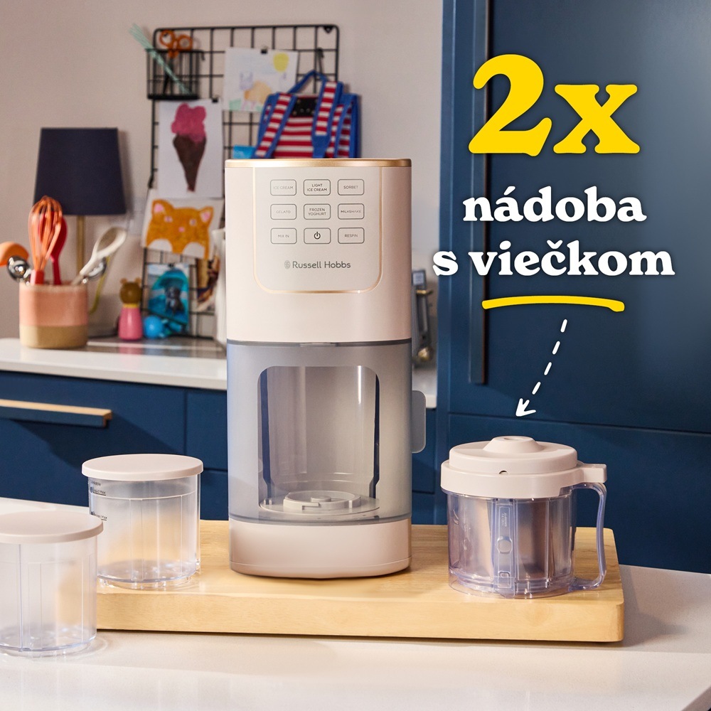 Zmrzlinovač Russell Hobbs 28750-56 Chilluxe s dvoma vyobrazenými nádobami položenými na stole.