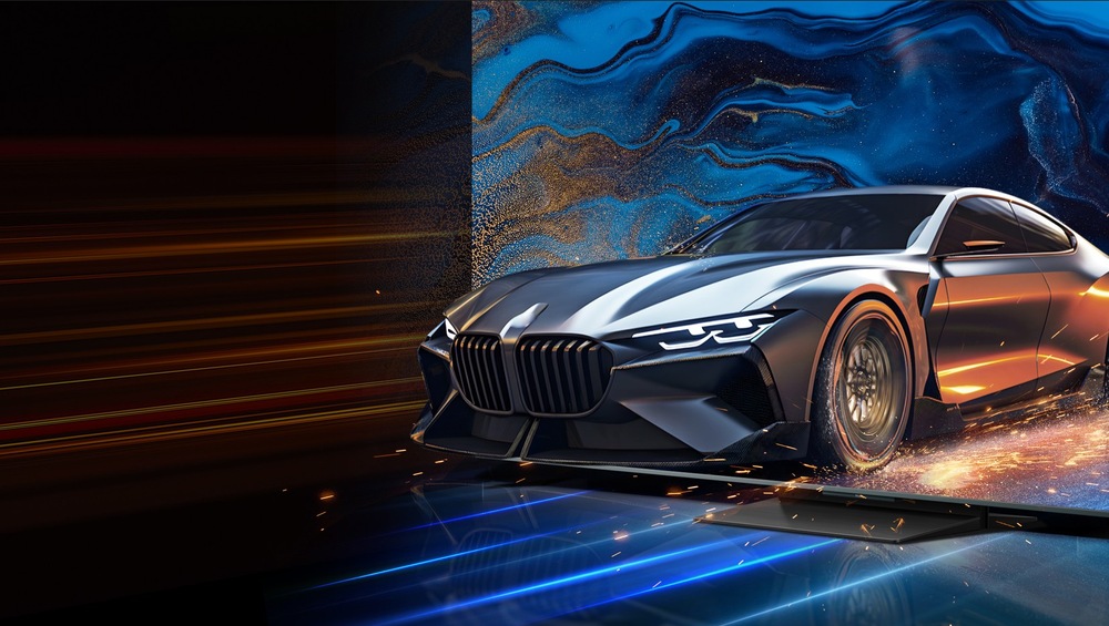 Idúce auto na televíziu TCL pri natívnom rozlíšením 4K pri 144 Hz