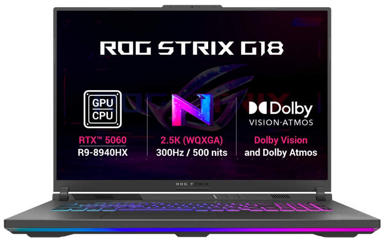 Notebook Asus ROG Strix G18 sivý Prehľad grafiky RTX 5060, 300Hz displeja a zvukovej technológie Dolby Atmos