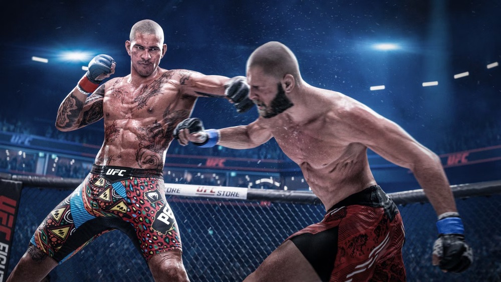 Záber na bojovníka v oktagóne s dobre miereným úderom na hlavu druhého. Scéna vyjadruje realistické audiovizuálne poňatie hry UFC 6.