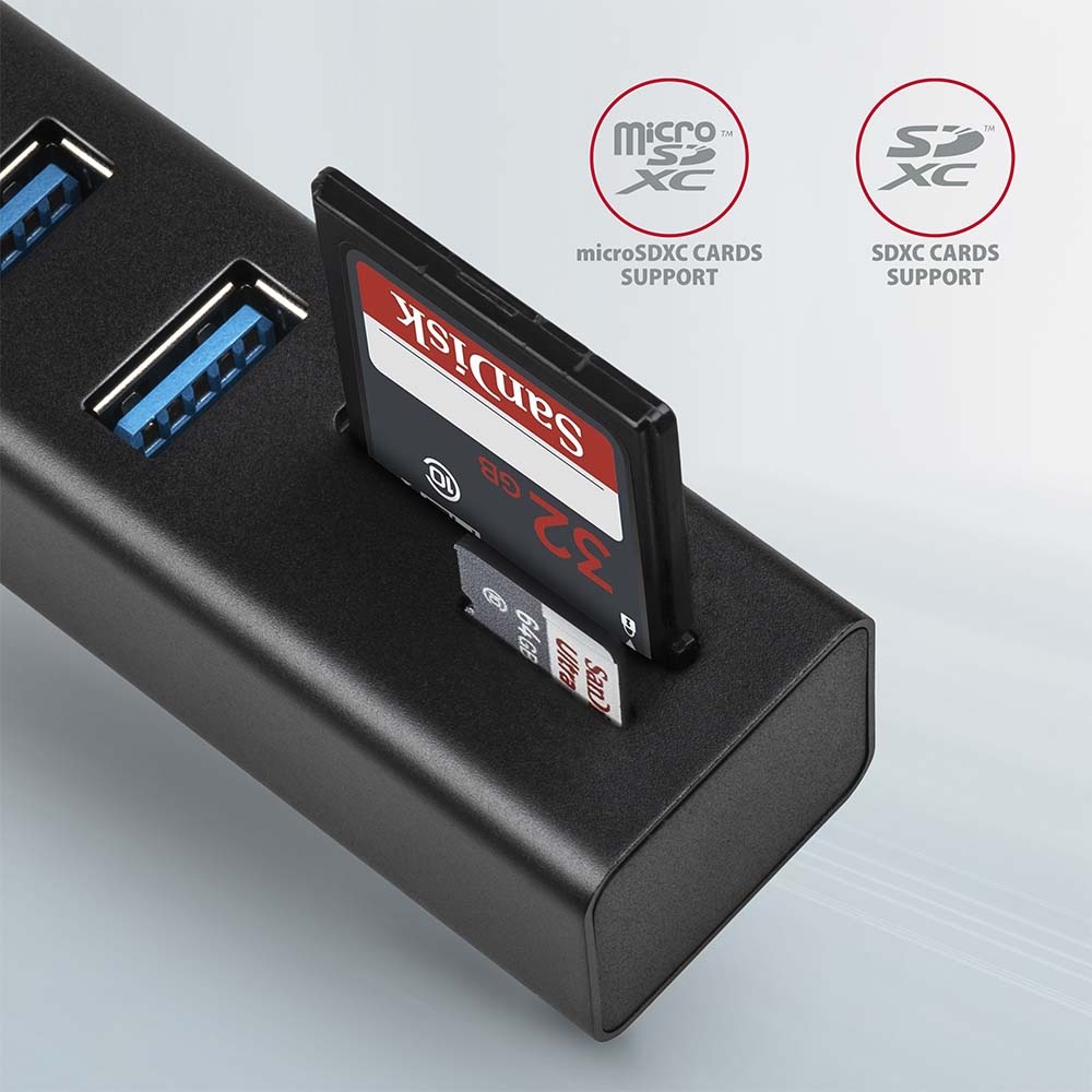 USB Hub Axagon USB 3.2 Gen 1 húb, 3x USB-A + čítačka kariet SD/microSD, kábel USB-A 20cm čierny