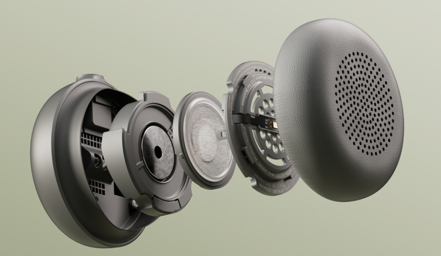 Headset Logitech Zone Wireless 2 ES sivý Explodovaný pohľad na konštrukciu náušníka headsetu Logitech Zone Wireless 2 ES zobrazujúci jednotlivé vrstvy meniča, výplne a krytu
