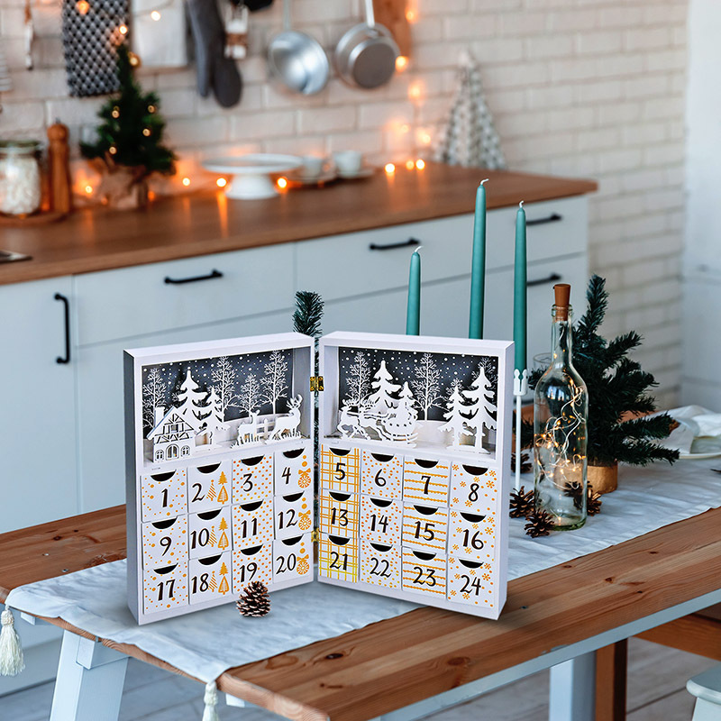 LED dekorácie Solight adventný kalendár - kniha, 8x LED, 40x30cm, 2x AAA Rozsvietený drevený adventný kalendár v tvare knihy Solight