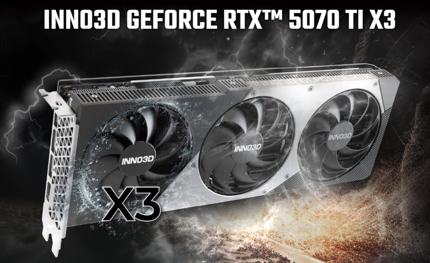 Lifestyle snímka grafickej karty INNO3D GeForce RTX 5070 Ti X3 v dynamickej prezentácii