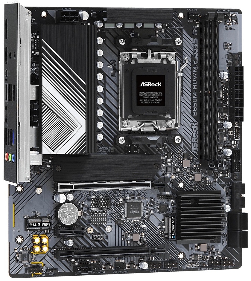 Základná doska ASRock B650M-HDV/M.2 Zhora vidíte micro ATX dosku s blokom zadných portov vľavo hore. Uprostred je pätica procesora AM5, po pravom okraji sú 2 sloty pre DDR5 a 24pin napájania. Dole sú dlhé PCIe sloty pre grafiku, medzi nimi a päticou bývajú M.2 pozície pre SSD a pri spodnej pravej časti konektory SATA.