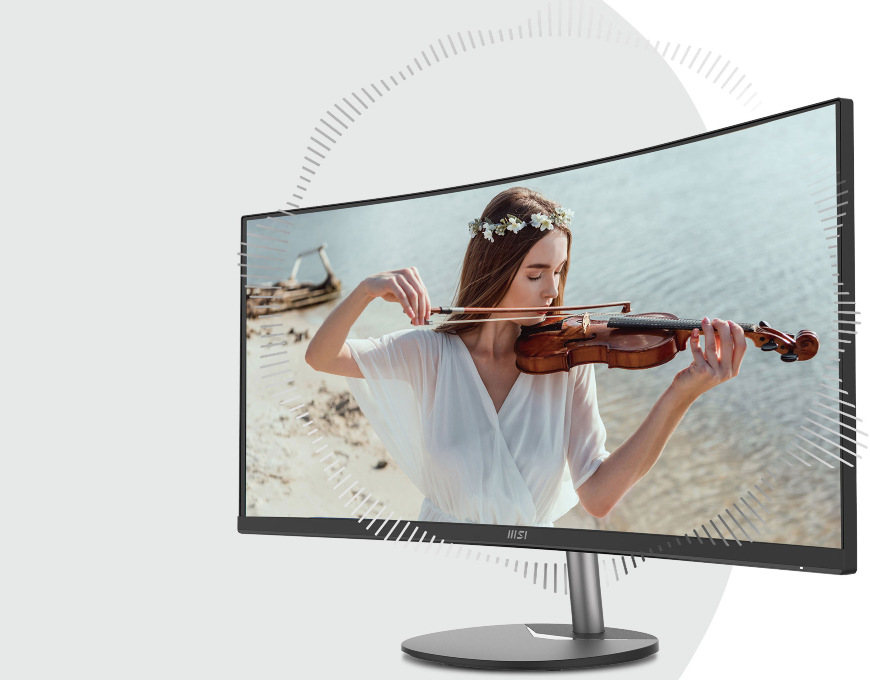 Monitor MSI PRO MP341CQ E12 čierny Obrazovky MSI PRO MP341CQ E12 so ženou hrajúcou na husle a ilustráciou šírenia zvuku zo vstavaných reproduktorov