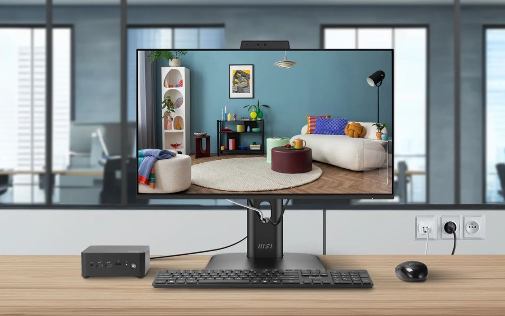 Monitor MSI PRO MP245PDG E14 čierny Monitor MSI PRO MP245PDG E14 pripojený k mini PC na pracovnom stole