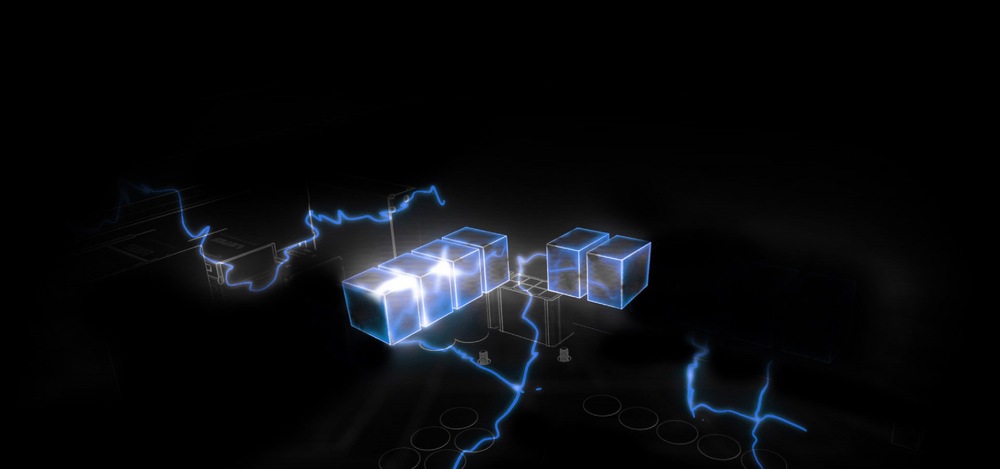 Základná doska ASRock B550M-HDV Digitálny artwork zobrazujúci žiariace modré kocky spojené elektrickými líniami na tmavom pozadí, ktoré vyjadrujú hi-tech, futuristickú atmosféru.