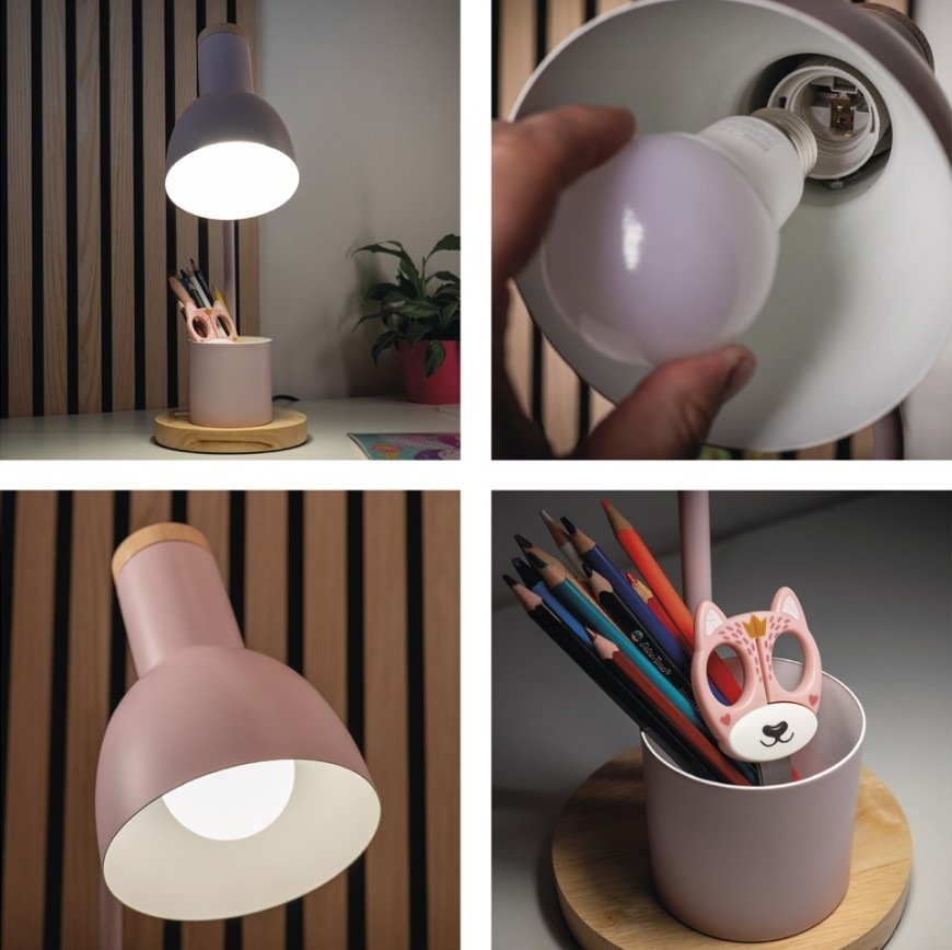 Stolná lampa EMOS Poppy, max. 25 W, žiarovka E27, IP20 ružová Koláž fotografií so stolnou LED lampičkou EMOS Poppy v ružovej farbe