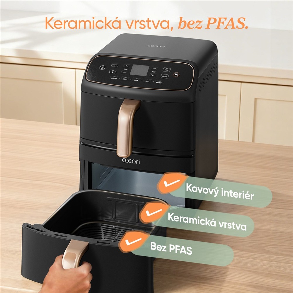 Fritéza teplovzdušná COSORI Turbo Tower Compact, 8,6 l čierna Keramický nepriľnavý povrch.