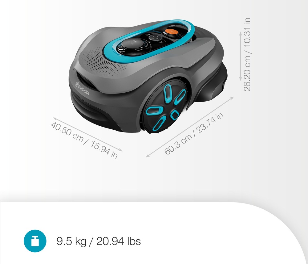 Robotická kosačka Gardena Smart SILENO Sense 600 m² 19942-32 Kosačka s uvedenou hmotnosťou a rozmermi.