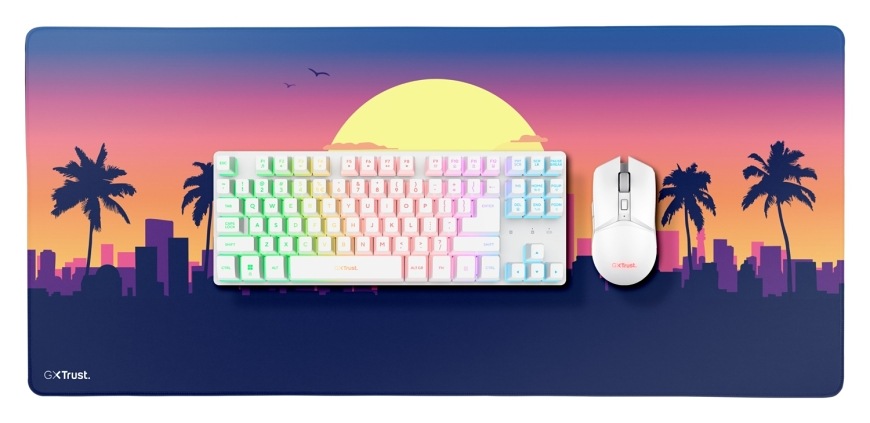 Klávesnica s myšou Trust GXT 882 Wireless - TKL Keyboard, Mouse & XXL Mousepad Miami - CZ/SK biela farba Herná sada Trust GXT 882 Miami s bielou klávesnicou, myšou a podložkou s palmami