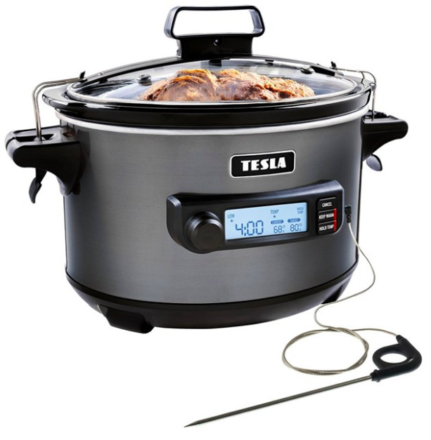 Pomalý hrniec Tesla SlowCook S900 Plus s teplotnou sondou a nerezovým telom, objem 5,6 l