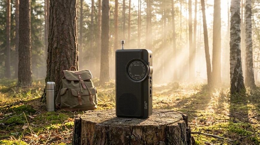 Rádioprijímač JVC RA-E311B čierny Vreckové čierne rádio JVC RA-E311B postavené na pni v lese, v pozadí je turistický batoh, termoska a slnečné lúče presvitajúce stromy