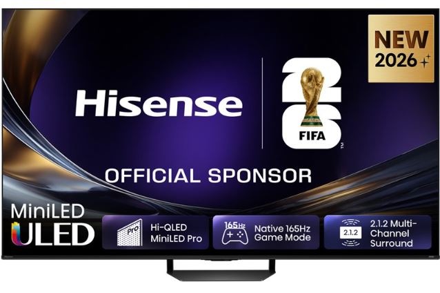 televízia Hisense 85U7S PRO s fialovým pozadím. Je na tv napis Hisense a parametre, čo vie. Je to model z r. 2026″ width=