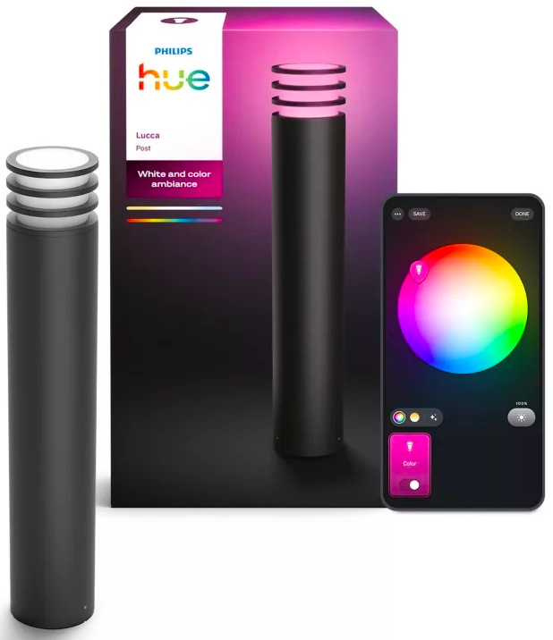 Stĺpové svietidlo Philips Lucca Hue s obalom a výberom farby v mobilnej aplikácii