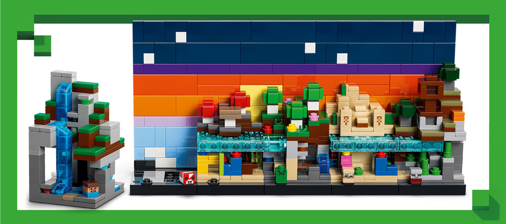 Stavebnica LEGO® Minecraft® 21589 Mini biomy Obojstranné pozadie umožňuje behom chvíle zmeniť dennú scénu na nočnú a upravovať model podľa predstáv.