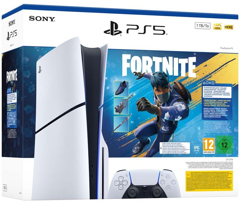 Obrázok balenia Sony PlayStation 5 Slim s digitálnym balíčkom Flowering Chaos pre hru Fortnite.