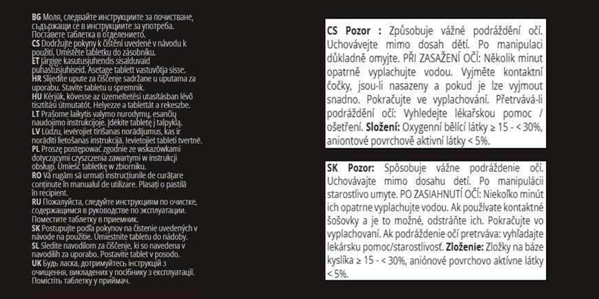 Čistiace tablety pre espressá Krups XS3000F1 Text vo viacerých jazykoch s vysvetlivkou.
