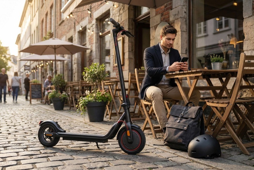 Elektrická kolobežka Sencor SCOOTER S25 čierna „Elektrická kolobežka Sencor stojí zaparkovaná pri vonkajšom posedení kaviarne v historickej časti mesta.Muž sedí pri drevenom stolíku, pracuje na telefóne a vedľa neho má položenú helmu aj batoh.