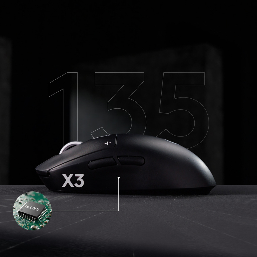 Myš Logitech G PRO X3 SUPERSTRIKE čierna Bočný profil myši Logitech G PRO X3 Superstrike s grafickým zvýraznením výdrže batérie a detailným insetom internej súčiastky