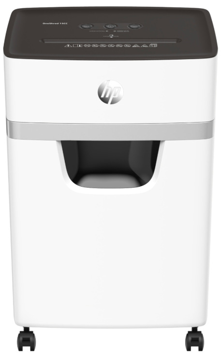 Skartovač HP OneShred 15CC biely Predný pohľad na skartovač HP OneShred 15CC s výrezom pre vysúvací kôš