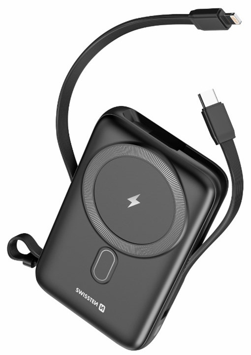 Powerbank Swissten 10000 mAh, PD 20W s integrovanými káblami USB-C a Lightning (kompatibilný s MagSafe) čierny