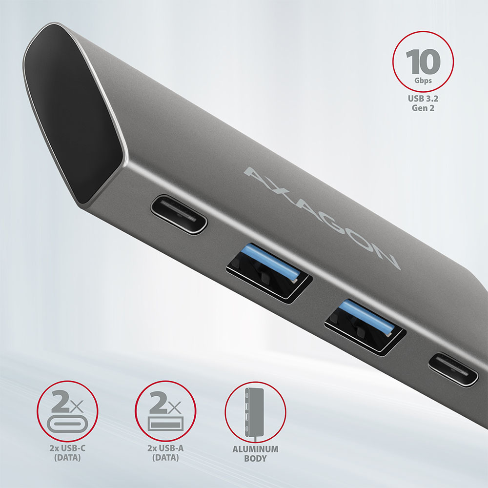 USB Hub Axagon USB 3.2 Gen 2 10 Gb/s húb, 2x USB-A, 2x USB-C, kábel USB-C 13cm sivý USB Hub Axagon USB 3.2 Gen 2 10 Gb/s húb, 2x USB-A, 2x USB-C, kábel USB-C 13cm sivý