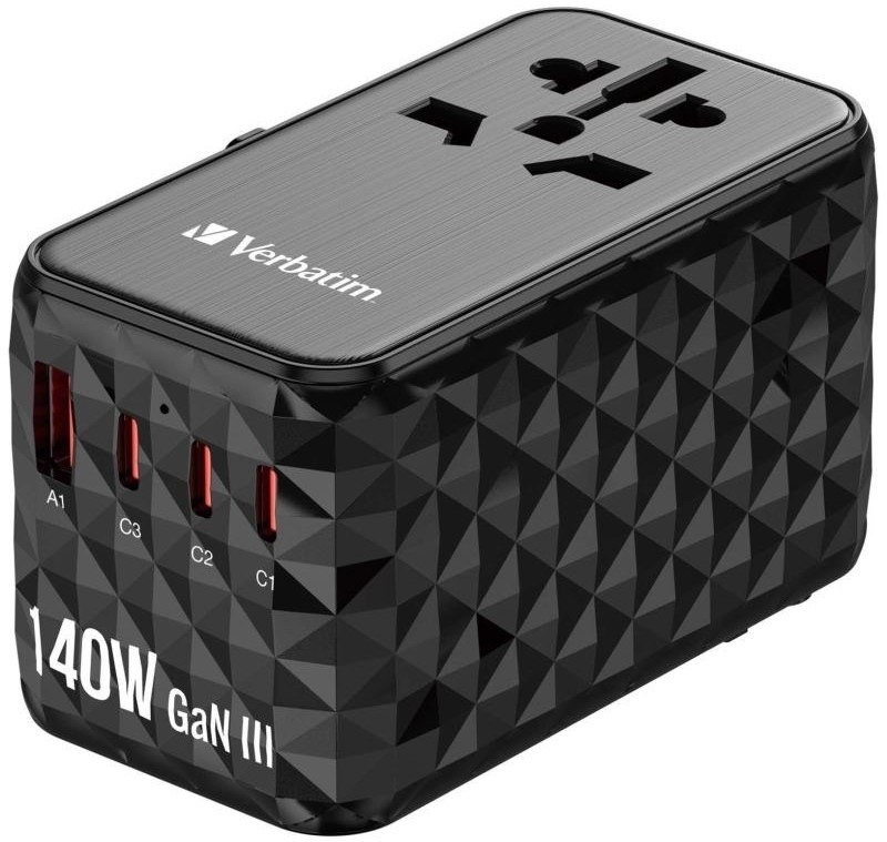 Cestovný adaptér Verbatim UTA-10 GaN III, 140W, 3x USB-C, 1xUSB - čierny