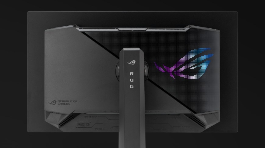 Herný monitor Asus ROG Strix OLED XG27ACDNG čierny Futuristický chrbát monitora Asus ROG Strix OLED XG27ACDNG inšpirovaný kyberpunkom