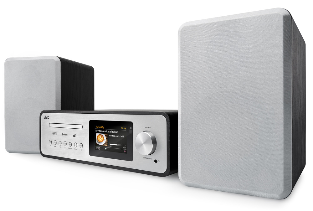 Strieborný mikrosystém JVC MX-E455 s CD prehrávačom, funkciou Spotify Connect, farebným LCD displejom a dvoma drevenými reproduktormi