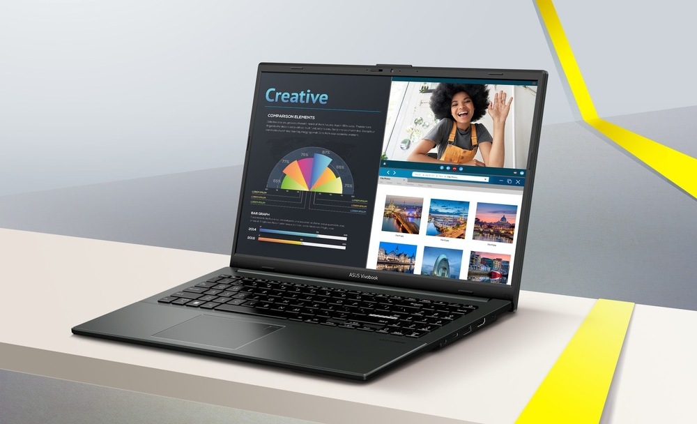Notebook ASUS Vivobook Go 15 pri videohovore a práci vo viacerých otvorených oknách